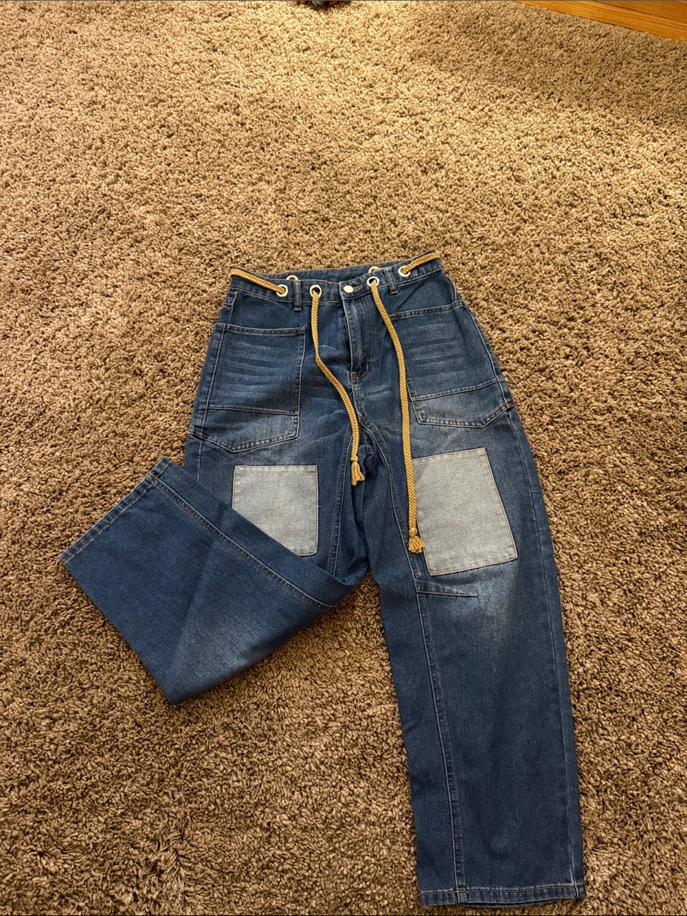 Amazon Women's Blue Denim Cropped Patchwork Jeans with Yellow Drawstring